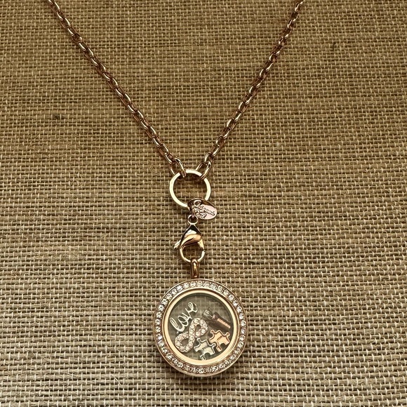 Origami Owl® Rose Gold Twist Locket with Crystals, 30" Chain and 4 Love Charms - Picture 9 of 9